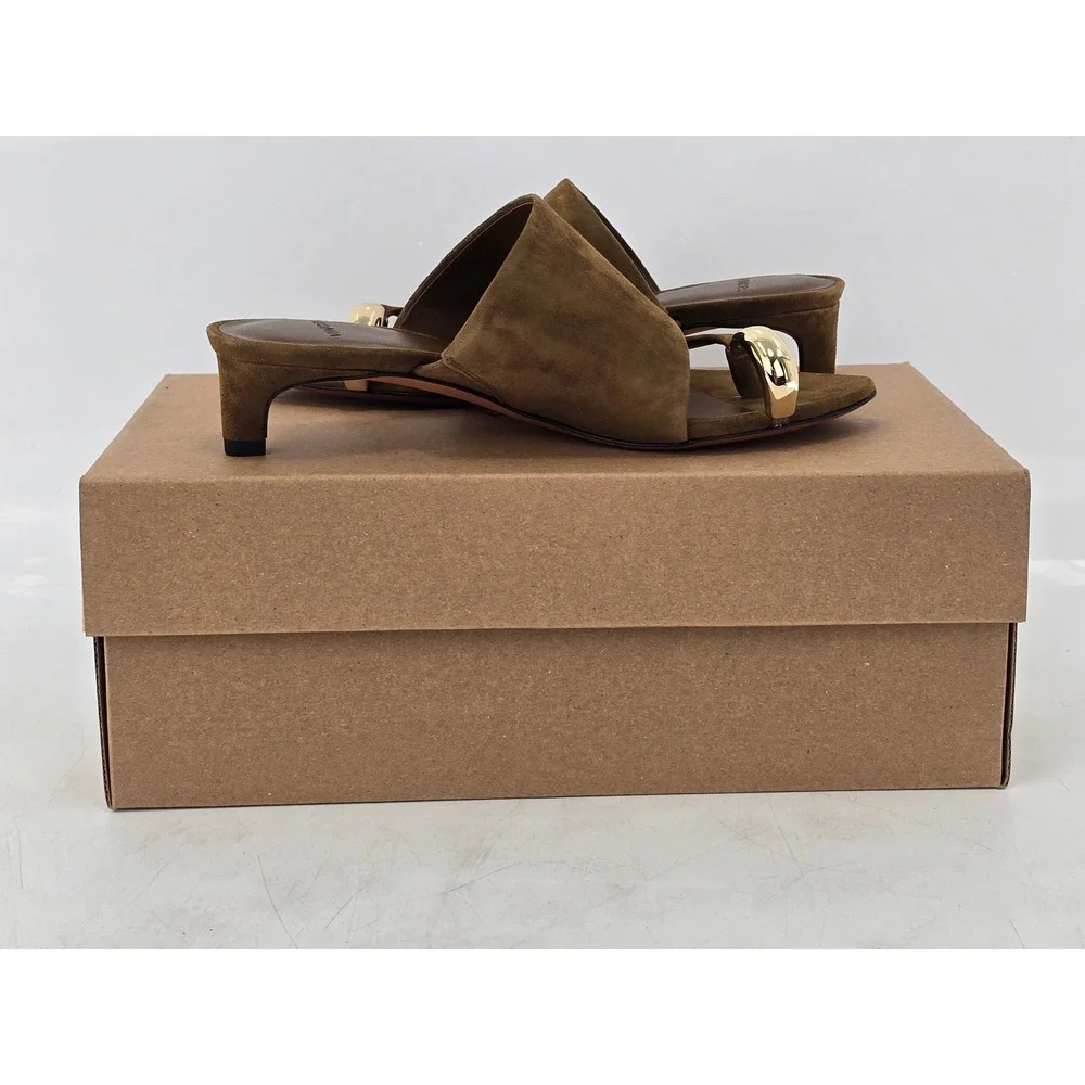 Vince Suzie Kitten Heel Sandals Womens 5 Olive Green Suede Toe Ring - NEW
